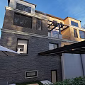 Modern Two Story Detached House Exterior With Large Windows Green Courtyard And Glass Roof