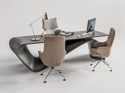 Modern Office Desk With Laptop Desk Lamp Small Plant And Two Beige Chairs 3d model
