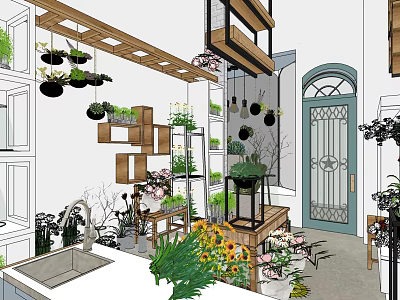 Plant And Flower Store Interior With Shelves Potted Greenery And Decorative Plants 3d model