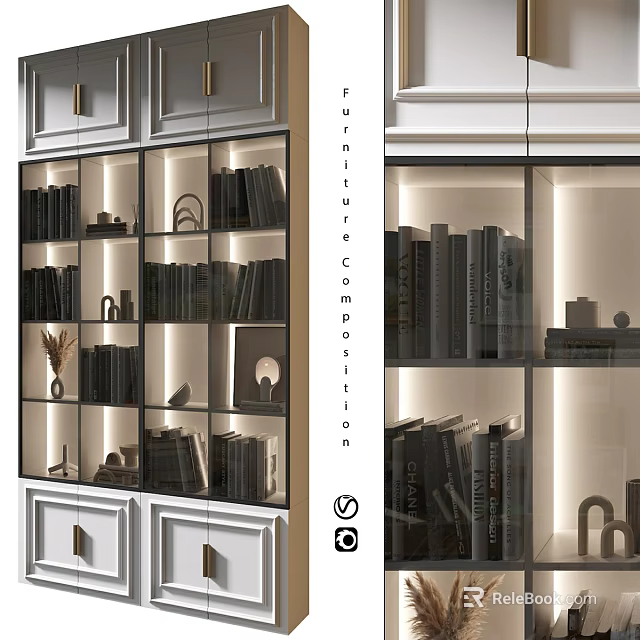 Modern Bookshelf With Glass Doors LED Lighting And Decorative Items For Home 3d model 