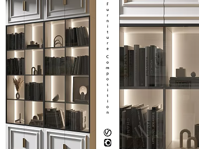 Modern Bookshelf With Glass Doors LED Lighting And Decorative Items For Home 3d model