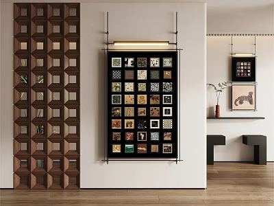 Stylish Photo Wall With Black Background Multiple Small Squares Various Patterns Wooden Lattice And Decorative Elements 3d model