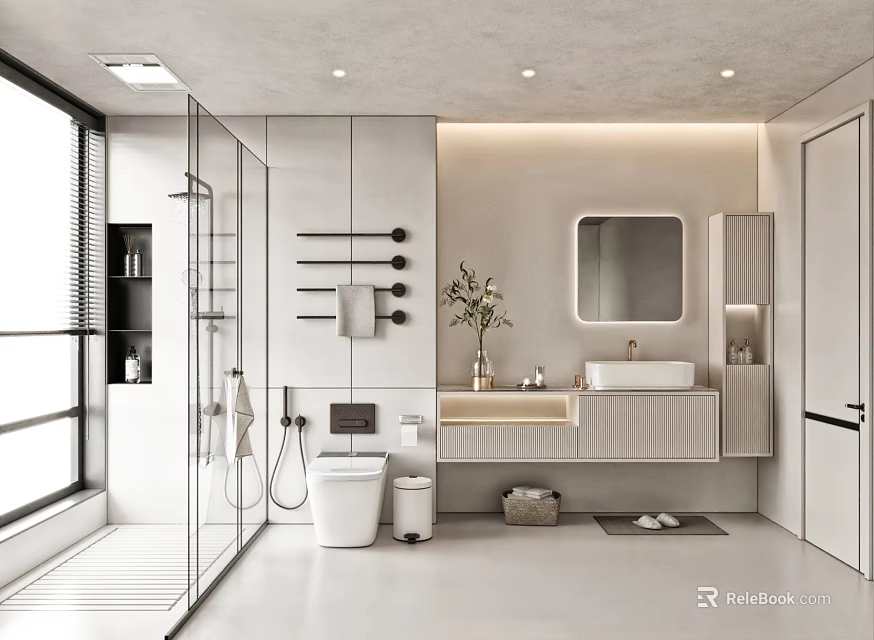 Modern Bathroom Interior Design With Glass Partition Shower Area White Toilet Vanity Mirror And Cabinets 3d model 