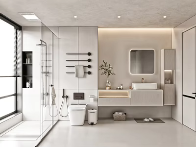 Modern Bathroom Interior Design With Glass Partition Shower Area White Toilet Vanity Mirror And Cabinets 3d model