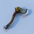 Ornate Decorative Axe With Leather Wrapped Handle And Golden Accent Blade