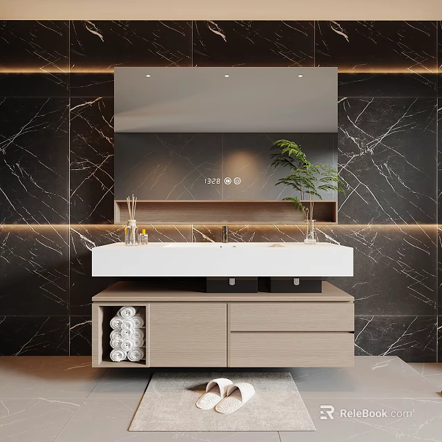 Modern Bathroom Vanity With Marble Wall Mirror LED Lights And White Countertop 3d model 