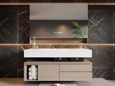 Modern Bathroom Vanity With Marble Wall Mirror LED Lights And White Countertop 3d model