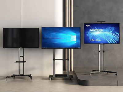 Three Televisions on Wheeled Stands with Screens Showing Different Content in Modern Interior 3d model