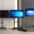 Three Televisions on Wheeled Stands with Screens Showing Different Content in Modern Interior