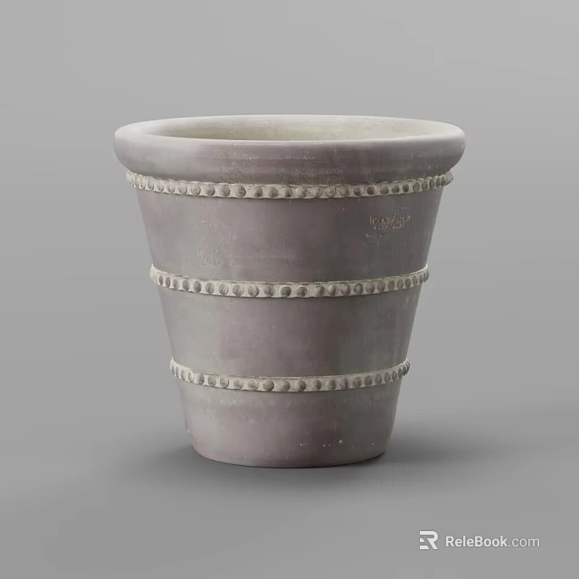 Gray Ceramic Bonsai Pot With Decorative Raised Textured Bands For Indoor Gardening 3d model 