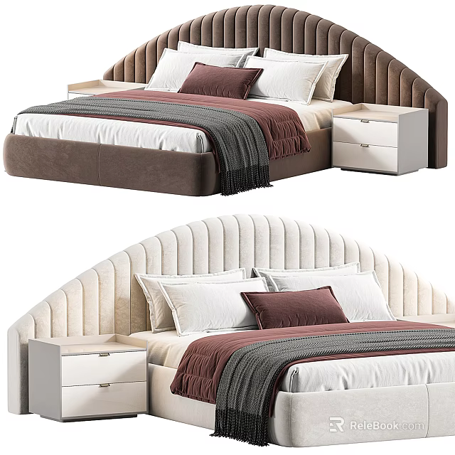 Modern Double Bed With Brown Beige Headboard White Pillows And Nightstand 3d model 