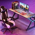 Gaming Desk with Two Monitors PCs Keyboard Mouse Pad Ergonomic Chairs in Purple Lighting