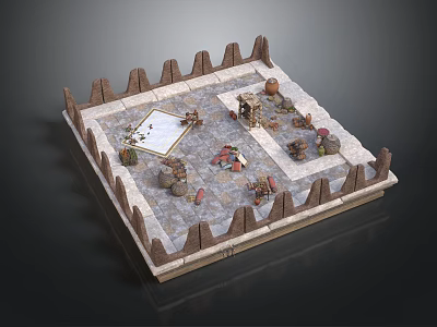 Ancient Fortress Scene Model With Crenellated Walls Stone Paved Ground And Miniature Figures 3d model