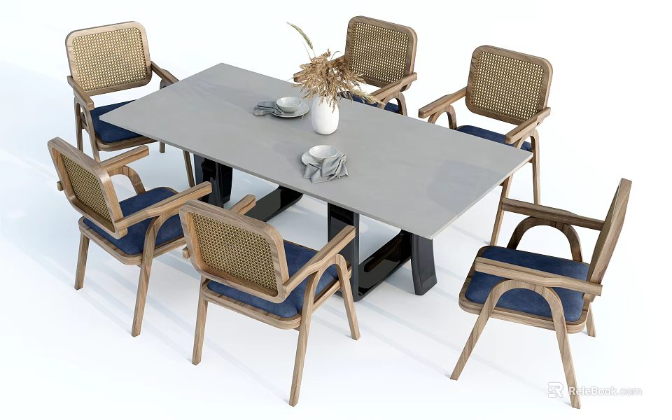 Dining Table and Chairs Set with Rectangular Gray Tabletop Rattan Backrest and Blue Cushions 3d model