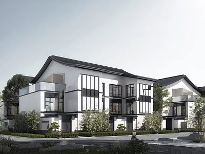 Modern Traditional Townhouse Exterior With White Facade Black Roof And Surrounding Greenery 3d model