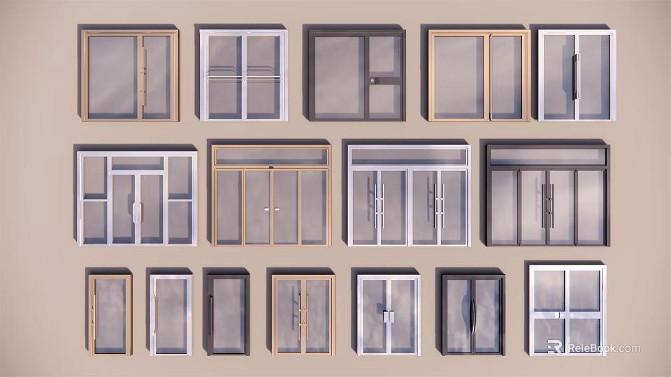 Various Sliding Doors with Different Glass Panels and Frame Styles 3d model