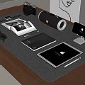 Modern Desk Setup With Camera Smartwatch Tablet Speaker Photos Notebook And Eyeglasses