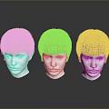 Three Different Colored Wigs Blonde Gray Brown On White Human Head Mannequins For Role Styling