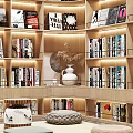 Modern Study Room Interior Featuring Circular Ceiling Bookshelves Landscape Painting Round Carpet And Poufs