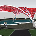 Red Lattice Structure With Circular Pool And People Gathering In Public Area