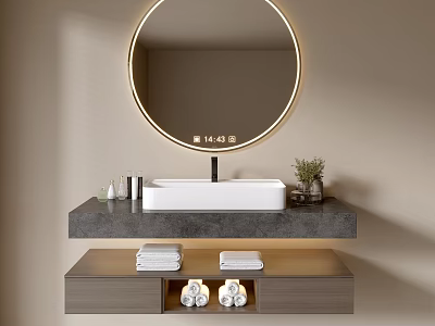 Modern Bathroom Cabinet with Round LED Mirror White Sink and Storage Shelf 3d model