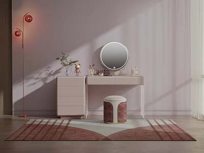 Modern Light Pink Dressing Table With Round Mirror Stool And Decorative Items 3d model