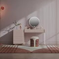 Modern Light Pink Dressing Table With Round Mirror Stool And Decorative Items 3d model