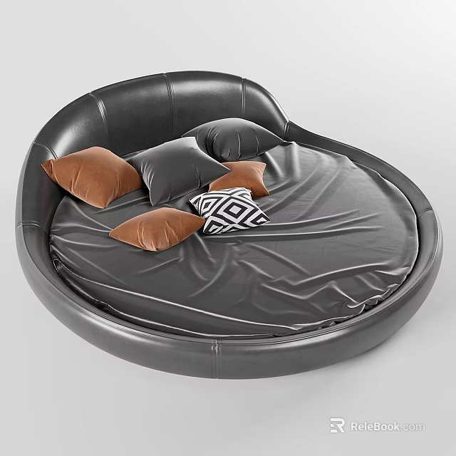 Black Leather Round Bed With Brown Black And Patterned Pillows Modern Bedroom Design 3d model 