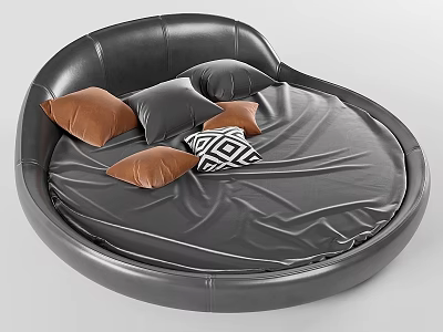 Black Leather Round Bed With Brown Black And Patterned Pillows Modern Bedroom Design 3d model