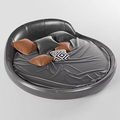 Black Leather Round Bed With Brown Black And Patterned Pillows Modern Bedroom Design 3d model