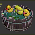 Cute Rubber Ducks Swimming in Wooden Tub with Green Water and White Flowers