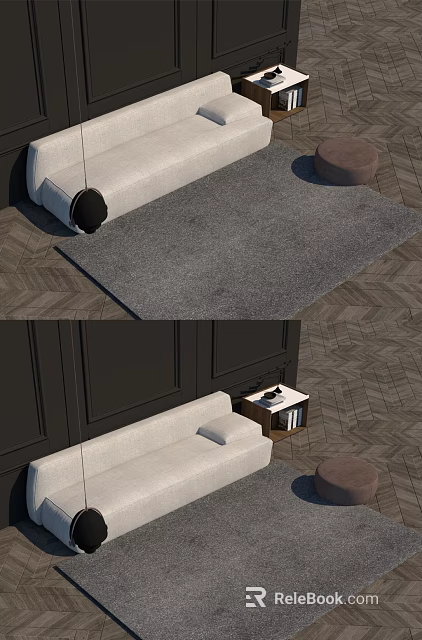 Modern Sofa Coffee Table Set With Herringbone Floor Grey Rug Dark Wall And Round Pouf 3d model 