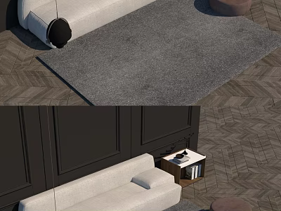 Modern Sofa Coffee Table Set With Herringbone Floor Grey Rug Dark Wall And Round Pouf 3d model