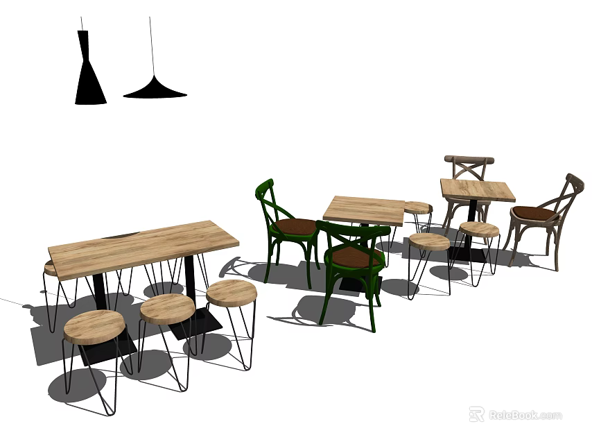 Dining Table Combinations With Wooden Tabletops Green Chairs And Various Designs 3d model