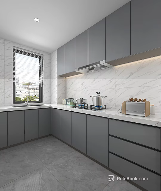 Modern Gray Kitchen Interior With Marble Backsplash Countertop Gray Cabinets Window And Cooking Appliances 3d model 