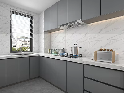 Modern Gray Kitchen Interior With Marble Backsplash Countertop Gray Cabinets Window And Cooking Appliances 3d model