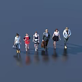 Group of People Walking Together With Different Outfits On Shiny Floor With Reflections