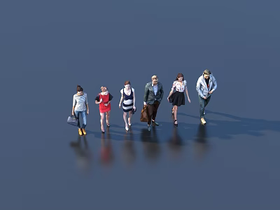 Group of People Walking Together With Different Outfits On Shiny Floor With Reflections 3d model