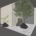 Modern Indoor Landscape With Large Green Plants Stones White Gravel Floor And Wooden Gray Walls