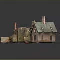 Cartoon Scene Of Old House Model With Green Roof Chimneys Broken Walls And Muddy Ground