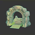Scenic Stone Archway With Stone Path And Green Grass In Fantasy Landscape