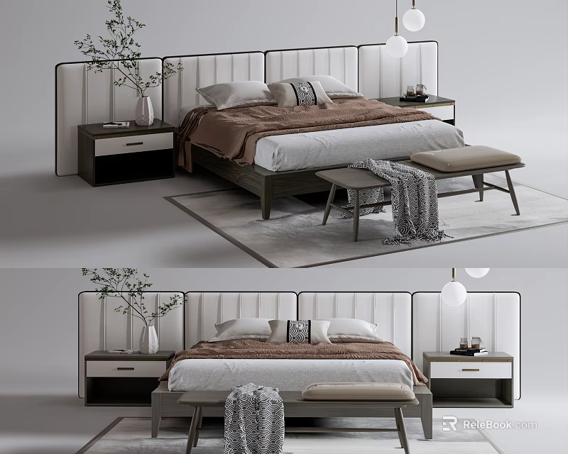 Modern Double Bed with Minimalist Headboard Soft Bedding Nightstands Lamp Vase and Bench 3d model 