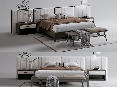 Modern Double Bed with Minimalist Headboard Soft Bedding Nightstands Lamp Vase and Bench 3d model