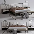 Modern Double Bed with Minimalist Headboard Soft Bedding Nightstands Lamp Vase and Bench