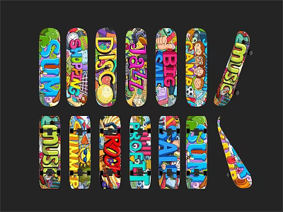 Colorful Skateboards With Vibrant Graphic Designs And Various Text Patterns For Decorative 3d model