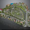 3D Model of Residential Community With Colorful Roof Houses Circular Park Lighthouse And Roads