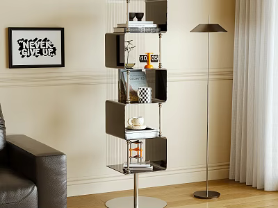 Modern Tiered Bookshelf With Clear Shelves Metal Frame Books Decor Floor Lamp In Living Room 3d model