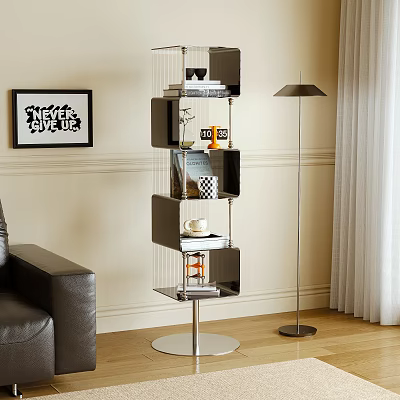 Modern Tiered Bookshelf With Clear Shelves Metal Frame Books Decor Floor Lamp In Living Room 3d model
