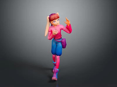 Playful 3D Character With Pink Hair Pink Top Blue Pants Waving Hand 3d model