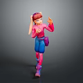 Playful 3D Character With Pink Hair Pink Top Blue Pants Waving Hand